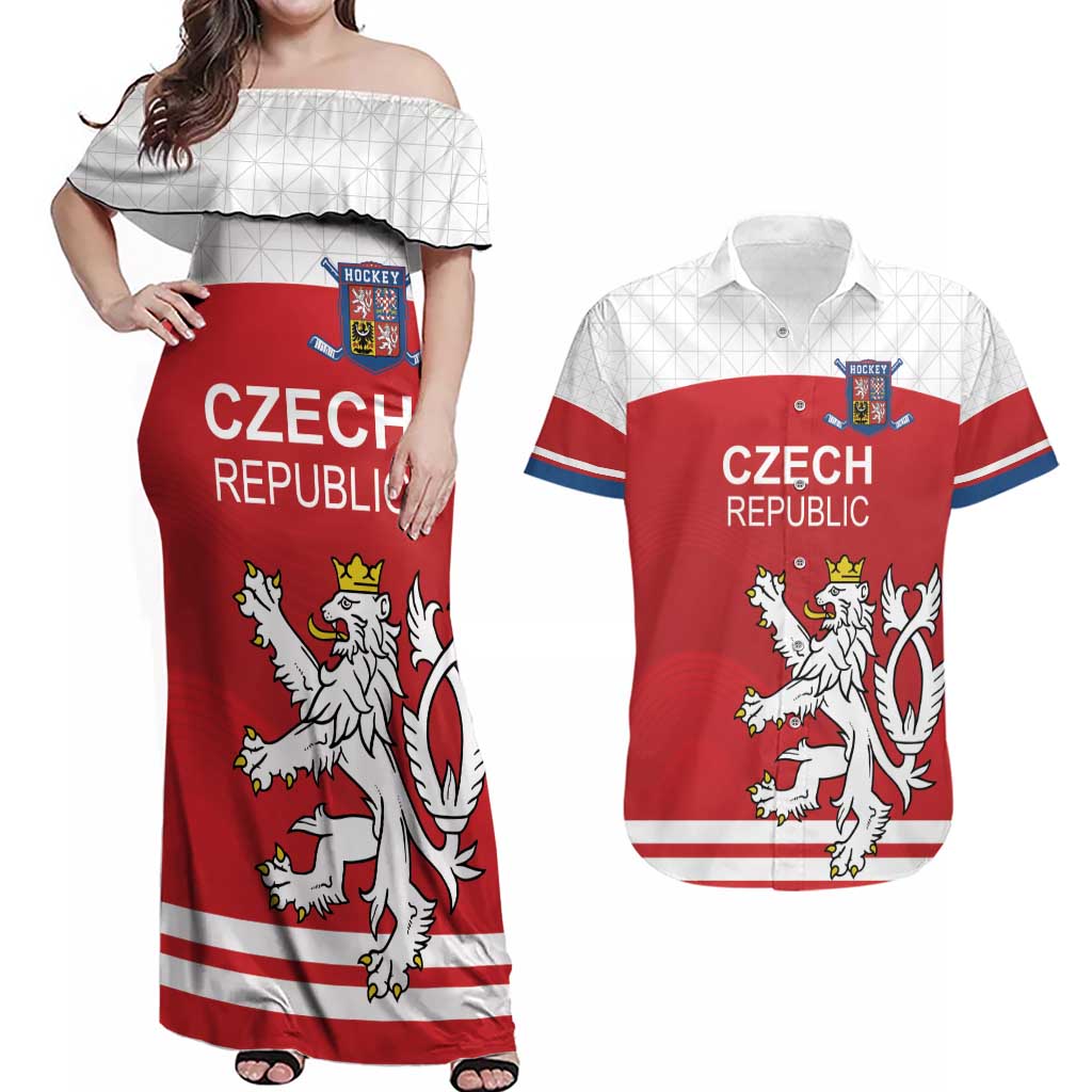 Custom Czech Republic Hockey Couples Matching Off Shoulder Maxi Dress and Hawaiian Shirt Czech Lion