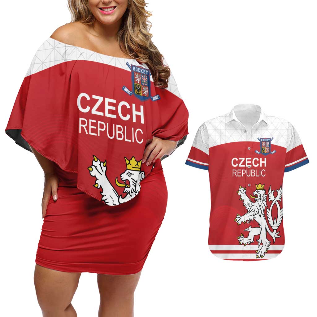 Custom Czech Republic Hockey Couples Matching Off Shoulder Short Dress and Hawaiian Shirt Czech Lion