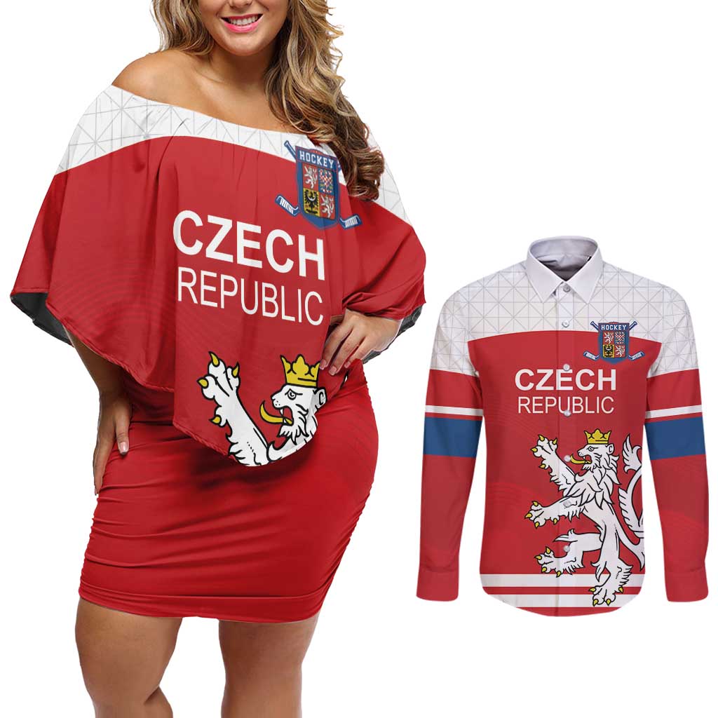Custom Czech Republic Hockey Couples Matching Off Shoulder Short Dress and Long Sleeve Button Shirt Czech Lion