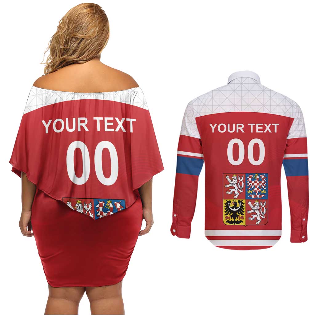Custom Czech Republic Hockey Couples Matching Off Shoulder Short Dress and Long Sleeve Button Shirt Czech Lion