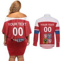 Custom Czech Republic Hockey Couples Matching Off Shoulder Short Dress and Long Sleeve Button Shirt Czech Lion