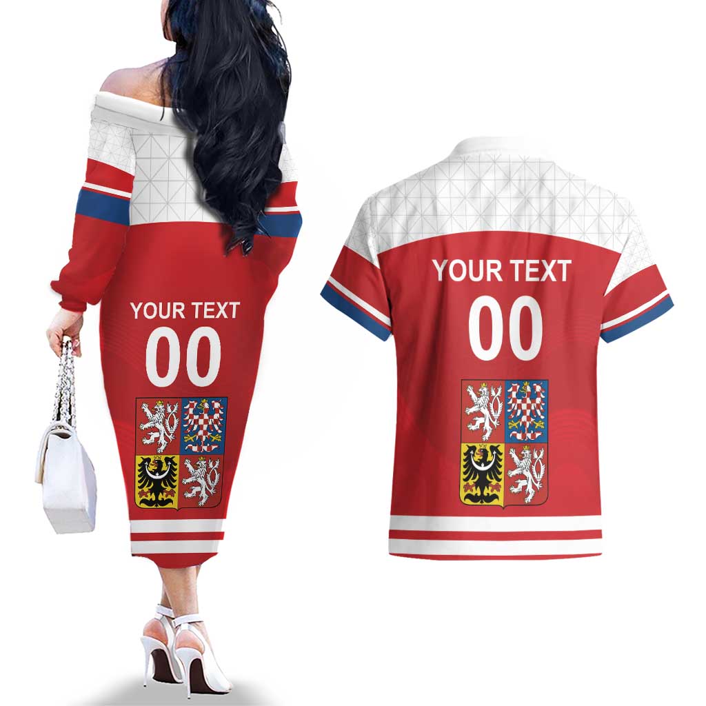 Custom Czech Republic Hockey Couples Matching Off The Shoulder Long Sleeve Dress and Hawaiian Shirt Czech Lion