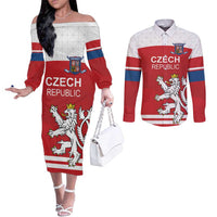 Custom Czech Republic Hockey Couples Matching Off The Shoulder Long Sleeve Dress and Long Sleeve Button Shirt Czech Lion