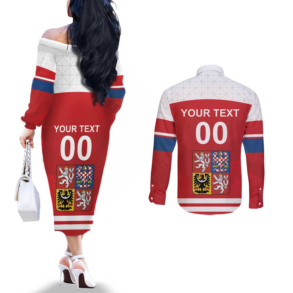 Custom Czech Republic Hockey Couples Matching Off The Shoulder Long Sleeve Dress and Long Sleeve Button Shirt Czech Lion