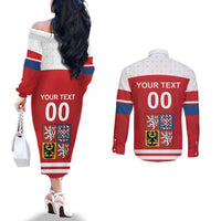 Custom Czech Republic Hockey Couples Matching Off The Shoulder Long Sleeve Dress and Long Sleeve Button Shirt Czech Lion