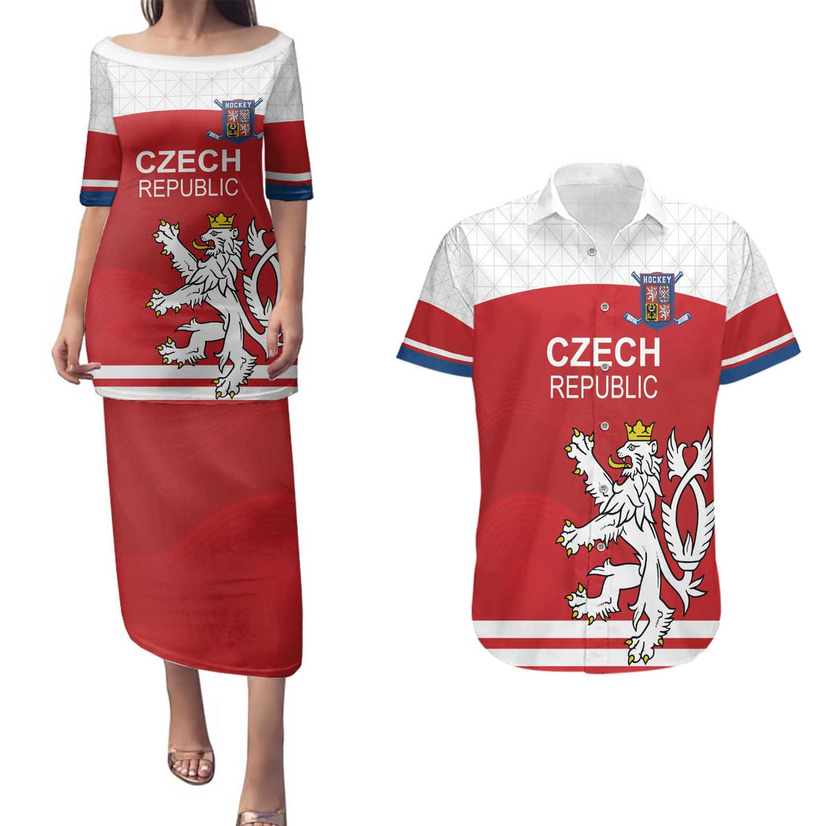 Custom Czech Republic Hockey Couples Matching Puletasi and Hawaiian Shirt Czech Lion