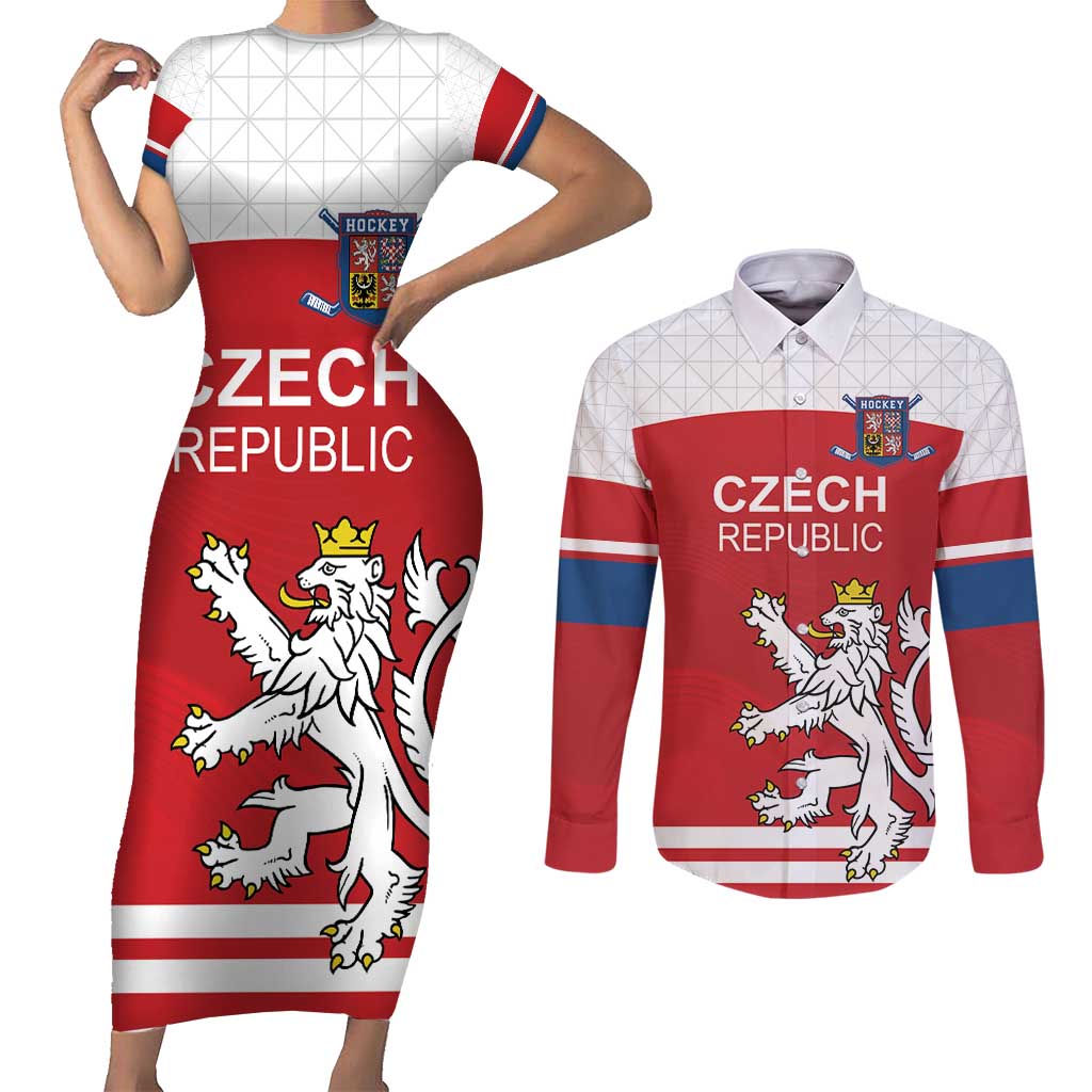 Custom Czech Republic Hockey Couples Matching Short Sleeve Bodycon Dress and Long Sleeve Button Shirt Czech Lion