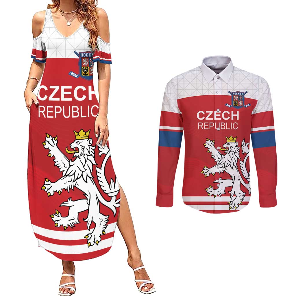 Custom Czech Republic Hockey Couples Matching Summer Maxi Dress and Long Sleeve Button Shirt Czech Lion