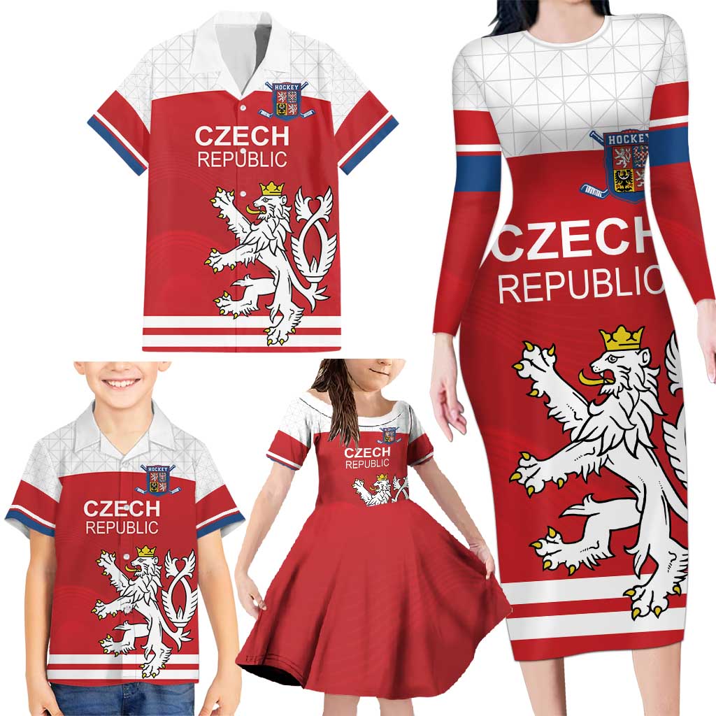 Custom Czech Republic Hockey Family Matching Long Sleeve Bodycon Dress and Hawaiian Shirt Czech Lion