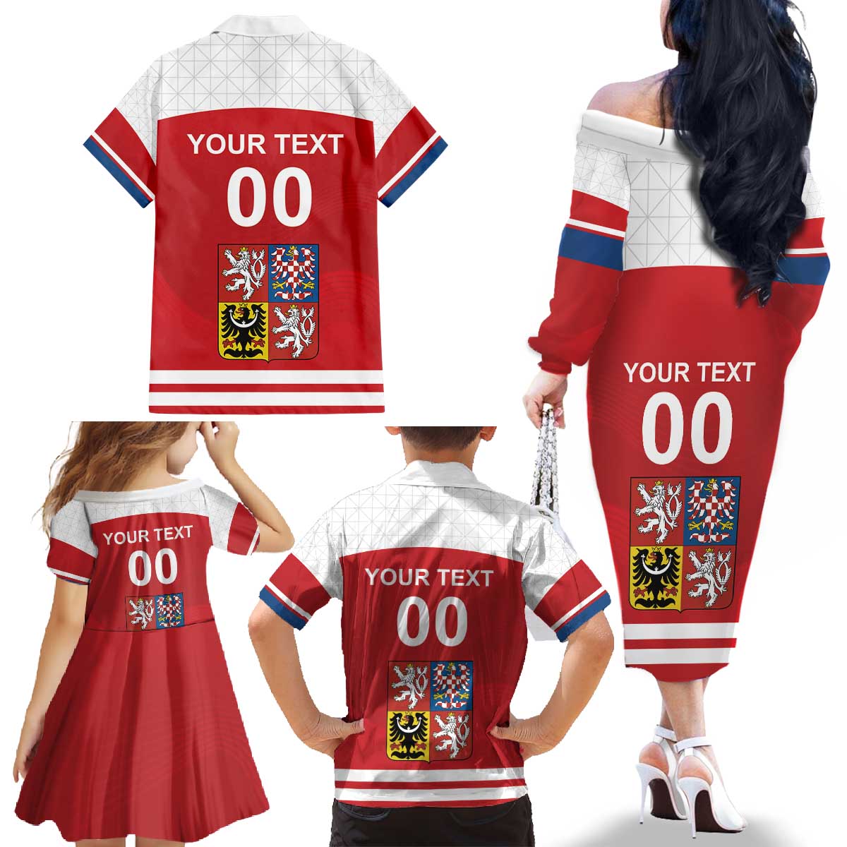 Custom Czech Republic Hockey Family Matching Off The Shoulder Long Sleeve Dress and Hawaiian Shirt Czech Lion