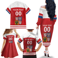 Custom Czech Republic Hockey Family Matching Off The Shoulder Long Sleeve Dress and Hawaiian Shirt Czech Lion