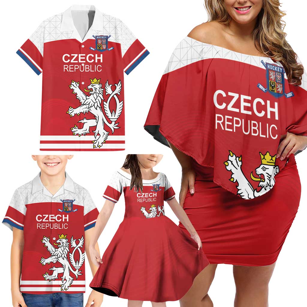 Custom Czech Republic Hockey Family Matching Off Shoulder Short Dress and Hawaiian Shirt Czech Lion