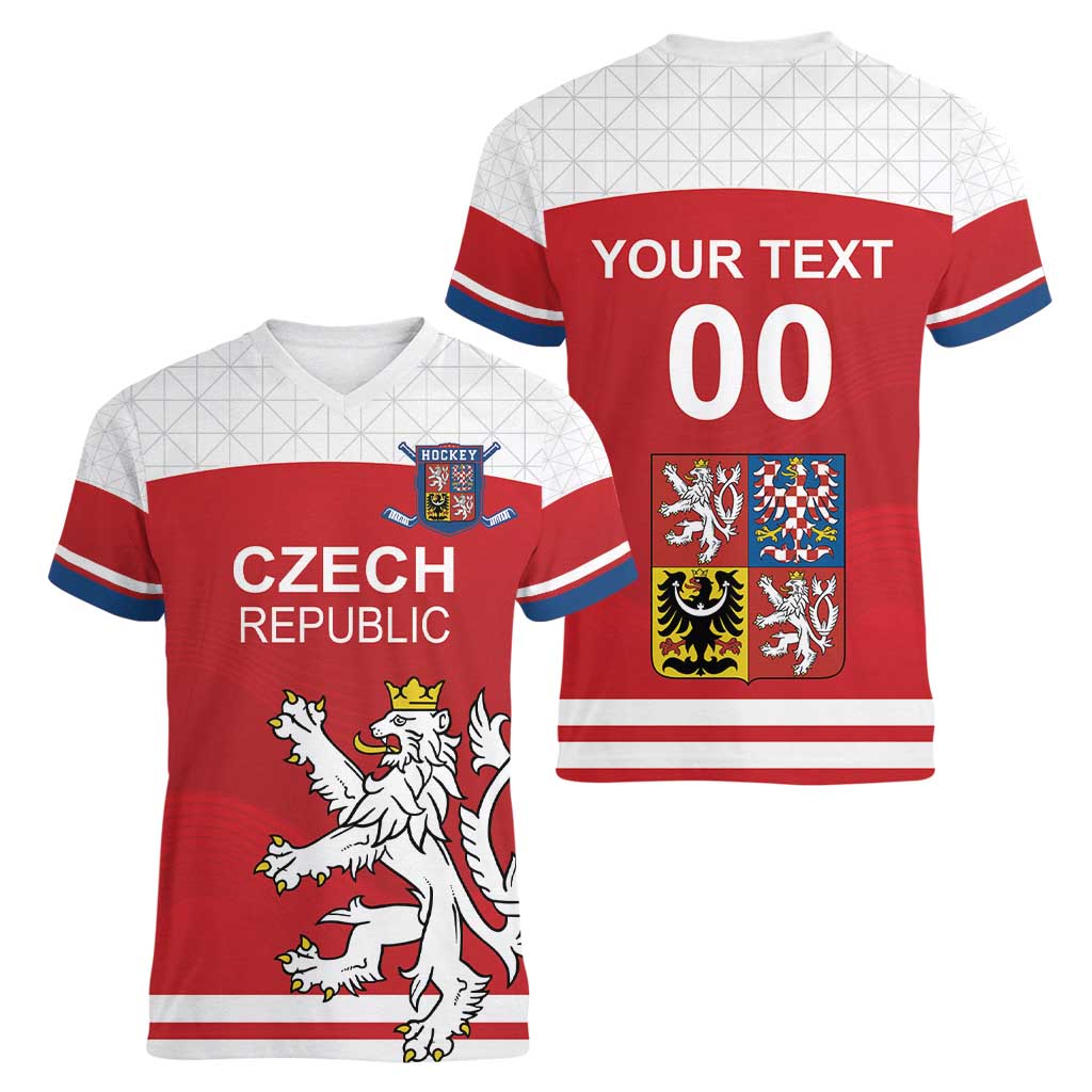 Custom Czech Republic Hockey Women V-Neck T-Shirt Czech Lion