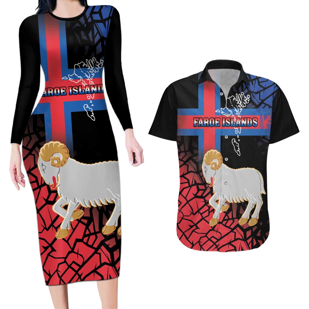 Personalized Faroe Islands Couples Matching Long Sleeve Bodycon Dress and Hawaiian Shirt Coat Of Arms Flag Style