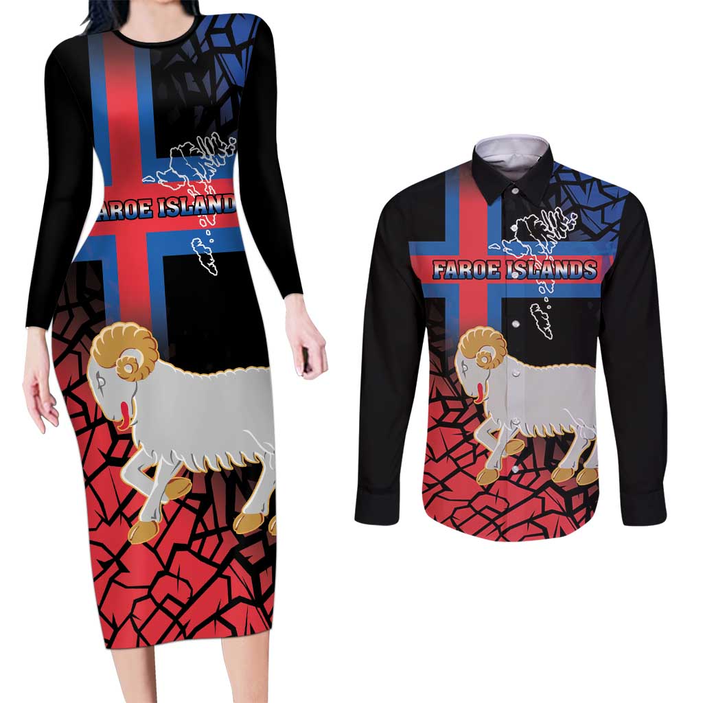 Personalized Faroe Islands Couples Matching Long Sleeve Bodycon Dress and Long Sleeve Button Shirt Coat Of Arms Flag Style