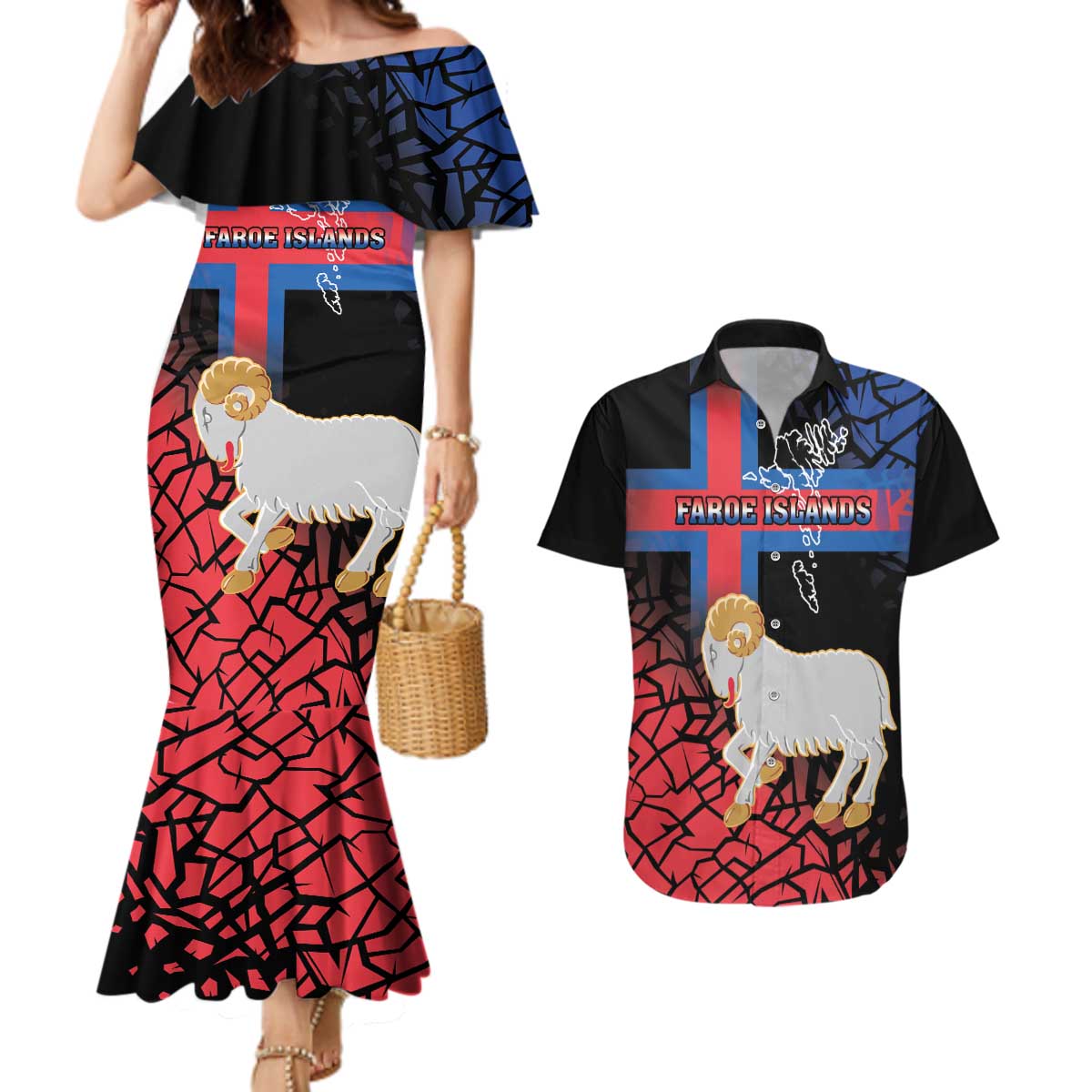 Personalized Faroe Islands Couples Matching Mermaid Dress and Hawaiian Shirt Coat Of Arms Flag Style