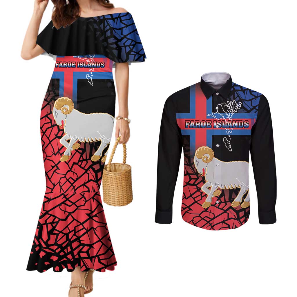 Personalized Faroe Islands Couples Matching Mermaid Dress and Long Sleeve Button Shirt Coat Of Arms Flag Style