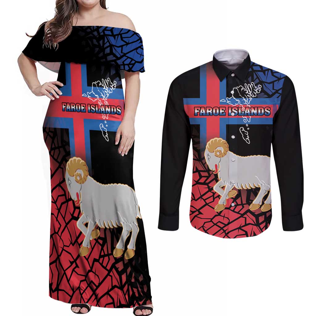 Personalized Faroe Islands Couples Matching Off Shoulder Maxi Dress and Long Sleeve Button Shirt Coat Of Arms Flag Style