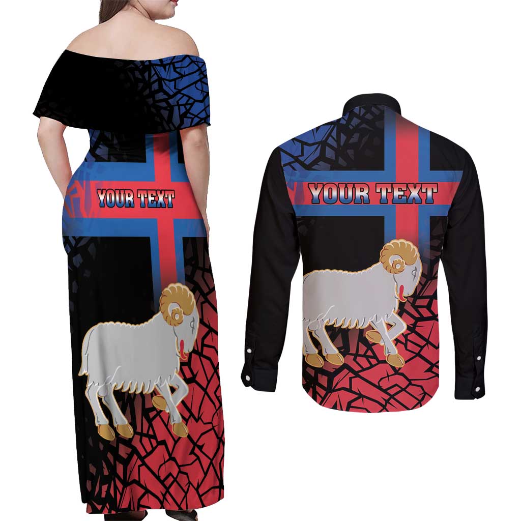 Personalized Faroe Islands Couples Matching Off Shoulder Maxi Dress and Long Sleeve Button Shirt Coat Of Arms Flag Style