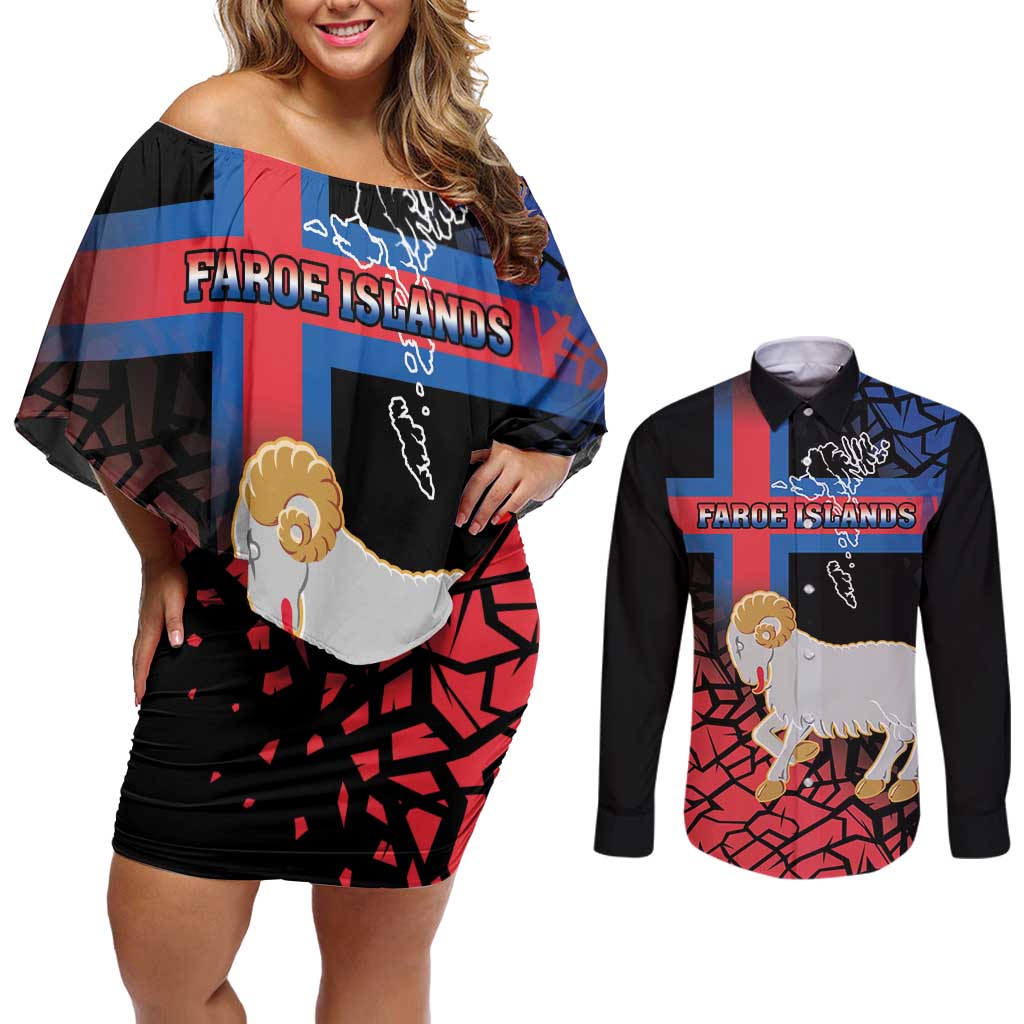 Personalized Faroe Islands Couples Matching Off Shoulder Short Dress and Long Sleeve Button Shirt Coat Of Arms Flag Style