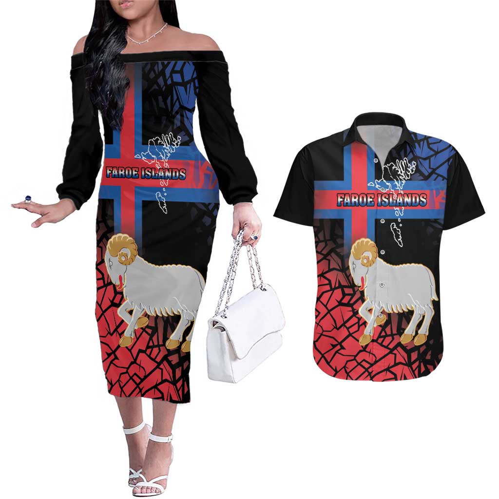 Personalized Faroe Islands Couples Matching Off The Shoulder Long Sleeve Dress and Hawaiian Shirt Coat Of Arms Flag Style