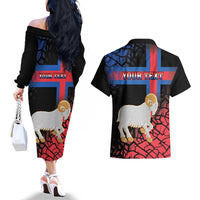 Personalized Faroe Islands Couples Matching Off The Shoulder Long Sleeve Dress and Hawaiian Shirt Coat Of Arms Flag Style