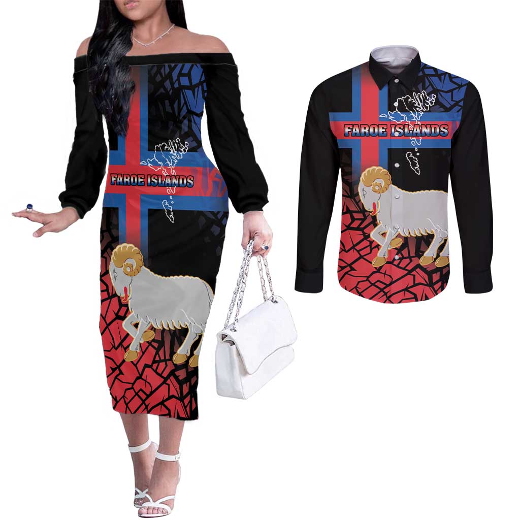 Personalized Faroe Islands Couples Matching Off The Shoulder Long Sleeve Dress and Long Sleeve Button Shirt Coat Of Arms Flag Style