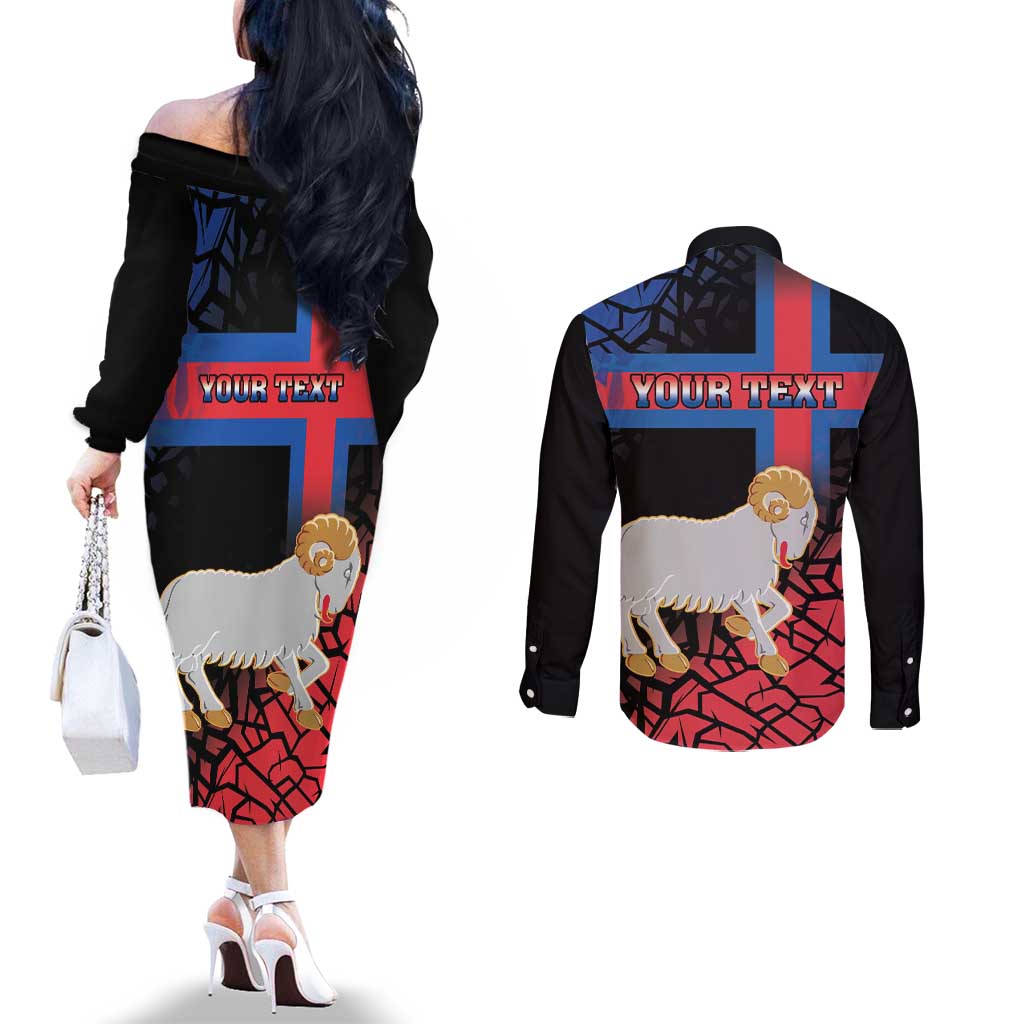 Personalized Faroe Islands Couples Matching Off The Shoulder Long Sleeve Dress and Long Sleeve Button Shirt Coat Of Arms Flag Style