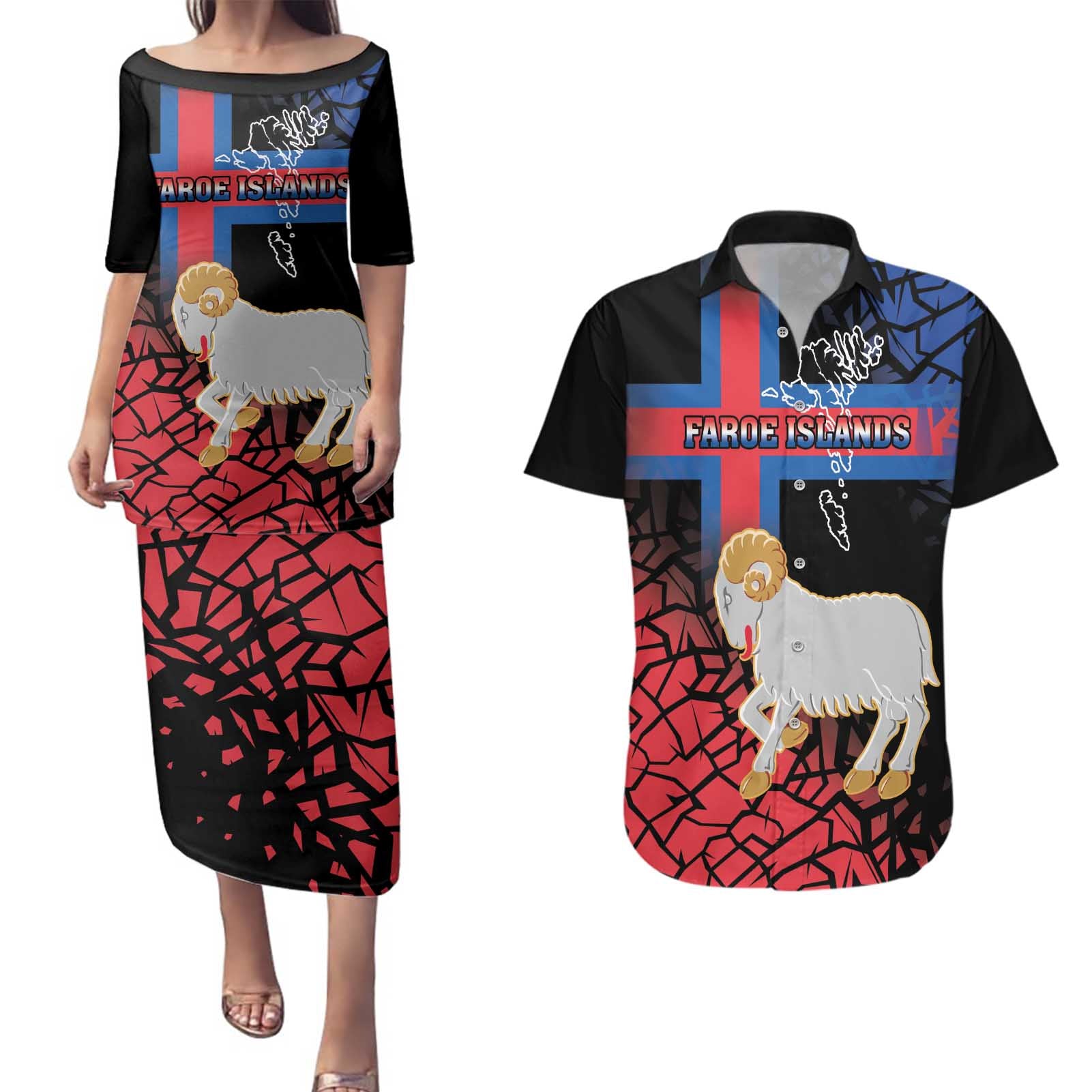 Personalized Faroe Islands Couples Matching Puletasi and Hawaiian Shirt Coat Of Arms Flag Style