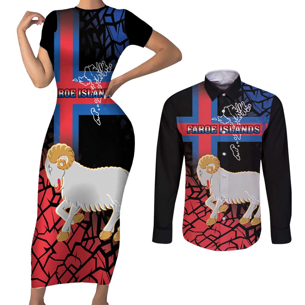 Personalized Faroe Islands Couples Matching Short Sleeve Bodycon Dress and Long Sleeve Button Shirt Coat Of Arms Flag Style