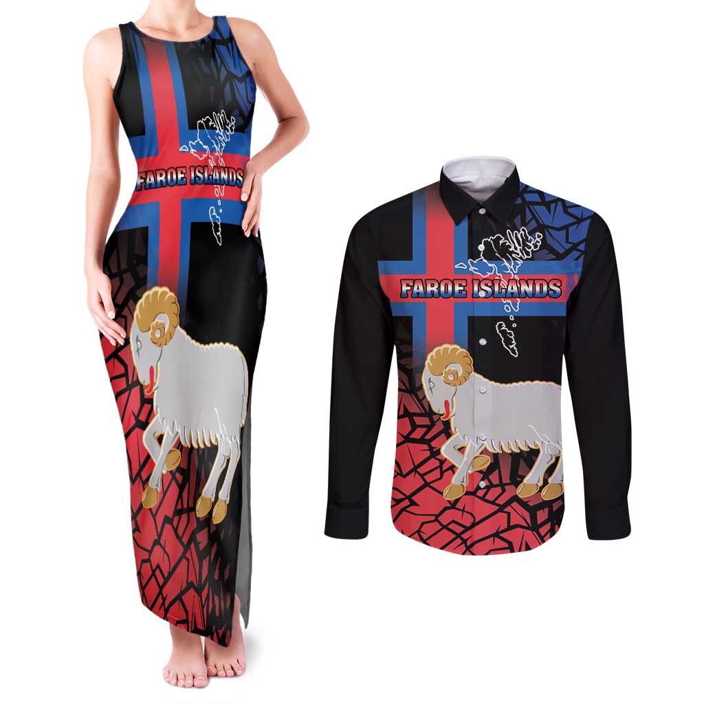 Personalized Faroe Islands Couples Matching Tank Maxi Dress and Long Sleeve Button Shirt Coat Of Arms Flag Style
