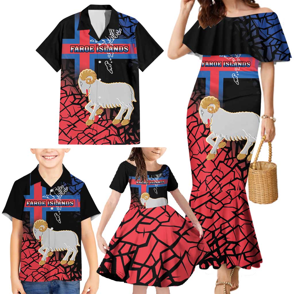 Personalized Faroe Islands Family Matching Mermaid Dress and Hawaiian Shirt Coat Of Arms Flag Style
