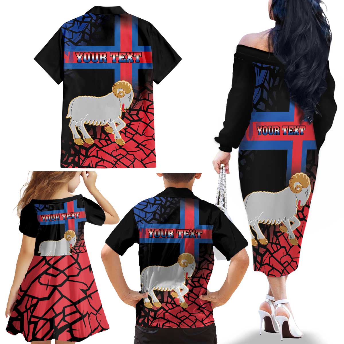 Personalized Faroe Islands Family Matching Off The Shoulder Long Sleeve Dress and Hawaiian Shirt Coat Of Arms Flag Style