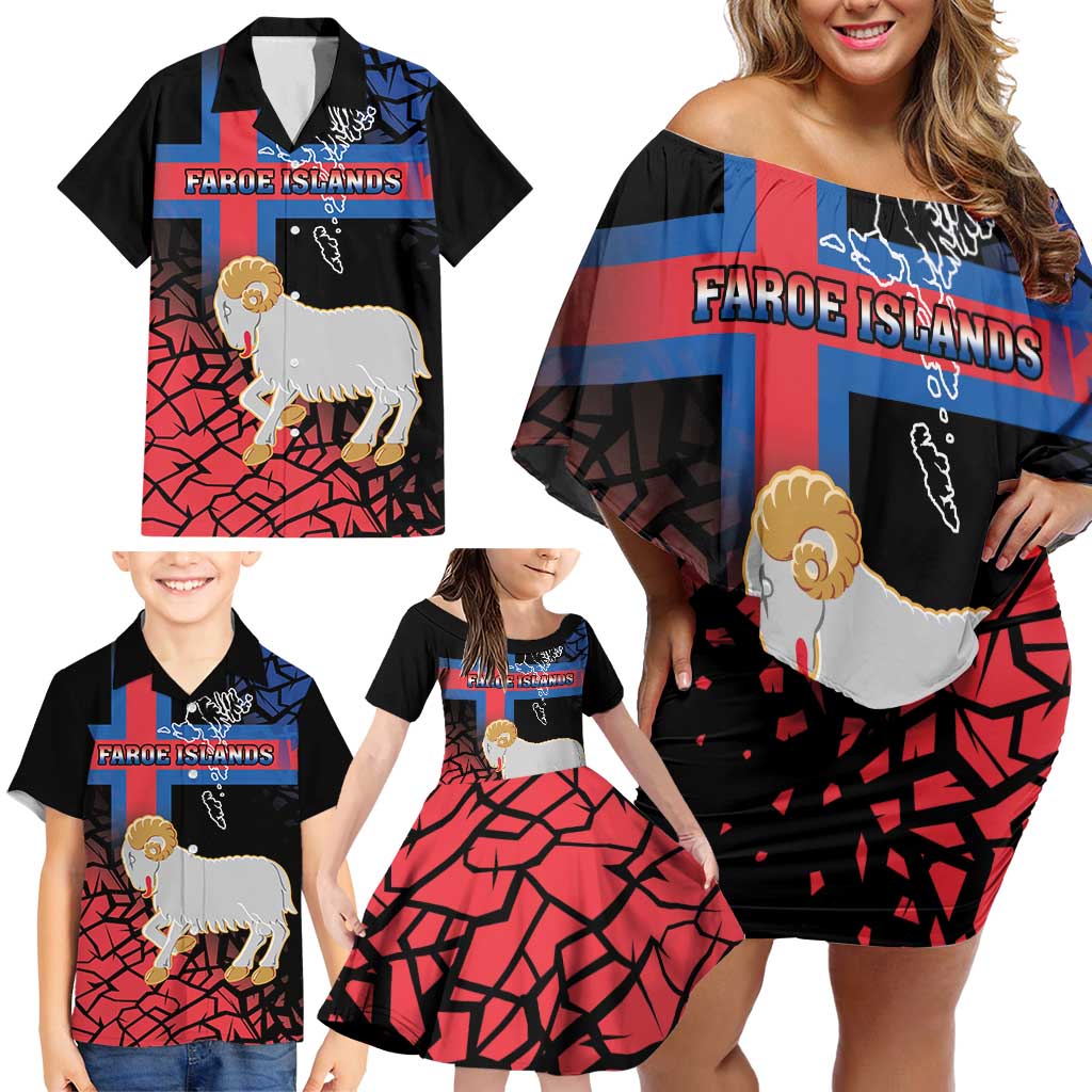 Personalized Faroe Islands Family Matching Off Shoulder Short Dress and Hawaiian Shirt Coat Of Arms Flag Style