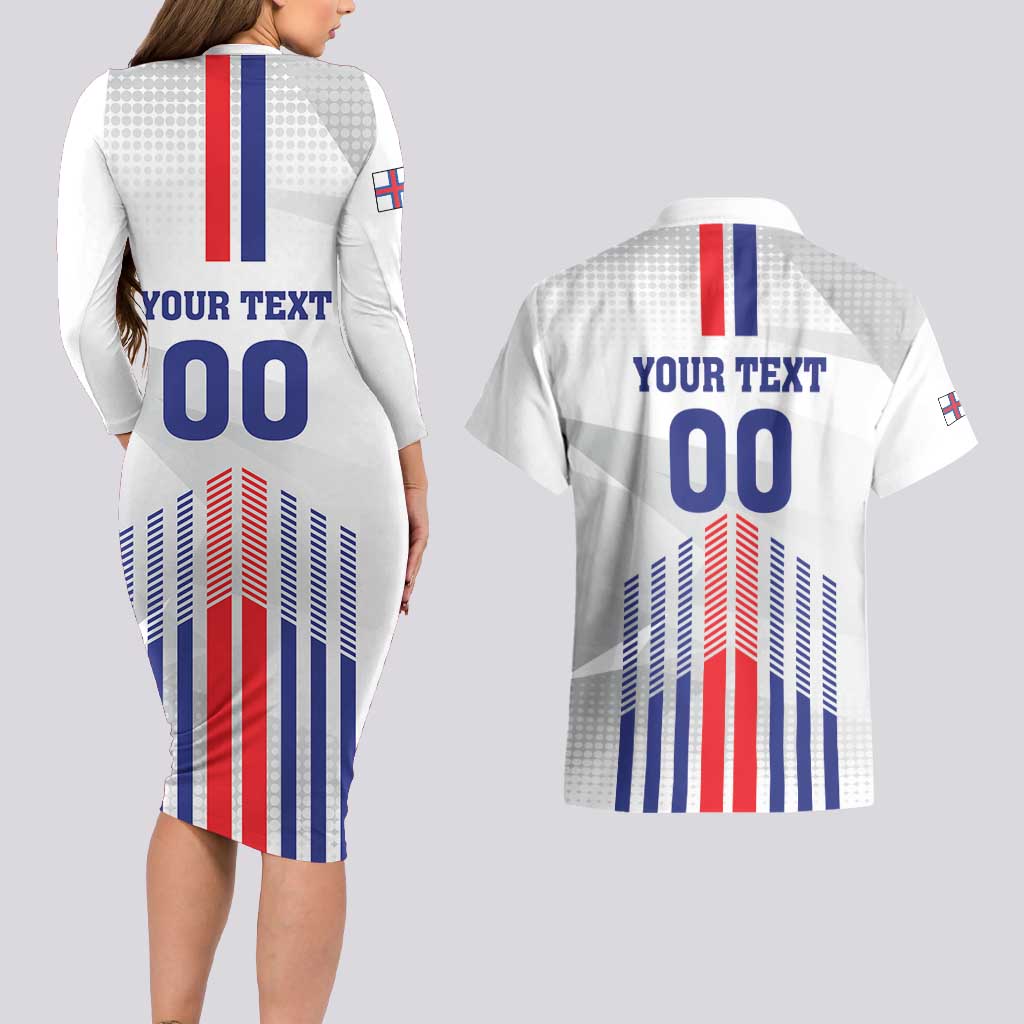 Custom Faroe Islands Football Couples Matching Long Sleeve Bodycon Dress and Hawaiian Shirt Go Champion White Version