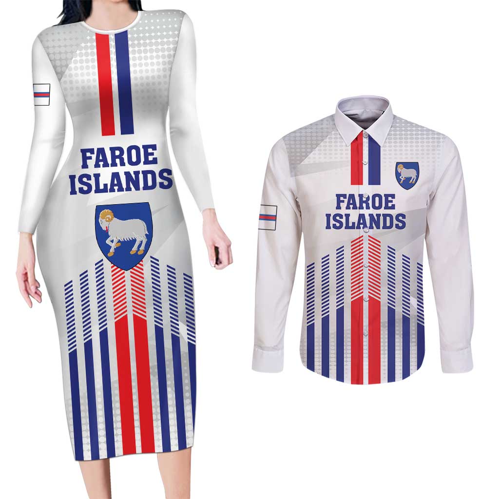 Custom Faroe Islands Football Couples Matching Long Sleeve Bodycon Dress and Long Sleeve Button Shirt Go Champion White Version