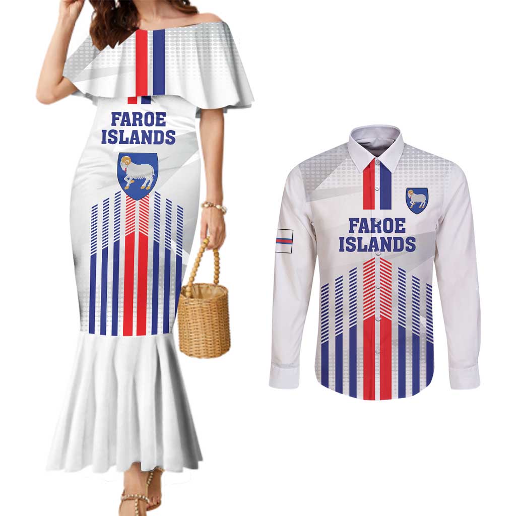 Custom Faroe Islands Football Couples Matching Mermaid Dress and Long Sleeve Button Shirt Go Champion White Version