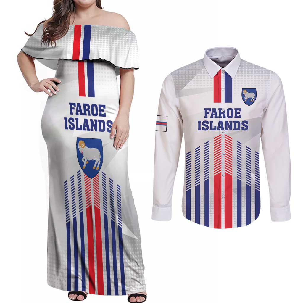 Custom Faroe Islands Football Couples Matching Off Shoulder Maxi Dress and Long Sleeve Button Shirt Go Champion White Version
