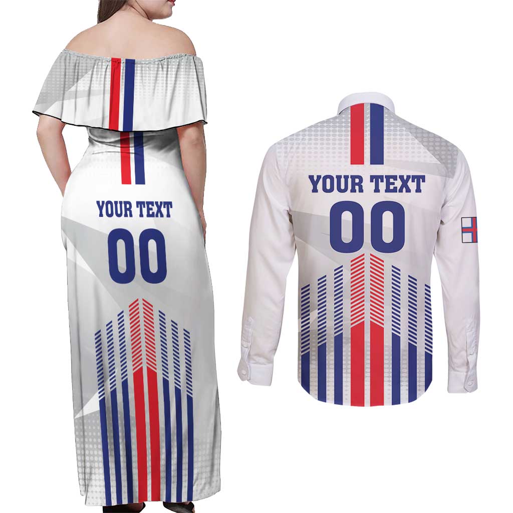 Custom Faroe Islands Football Couples Matching Off Shoulder Maxi Dress and Long Sleeve Button Shirt Go Champion White Version