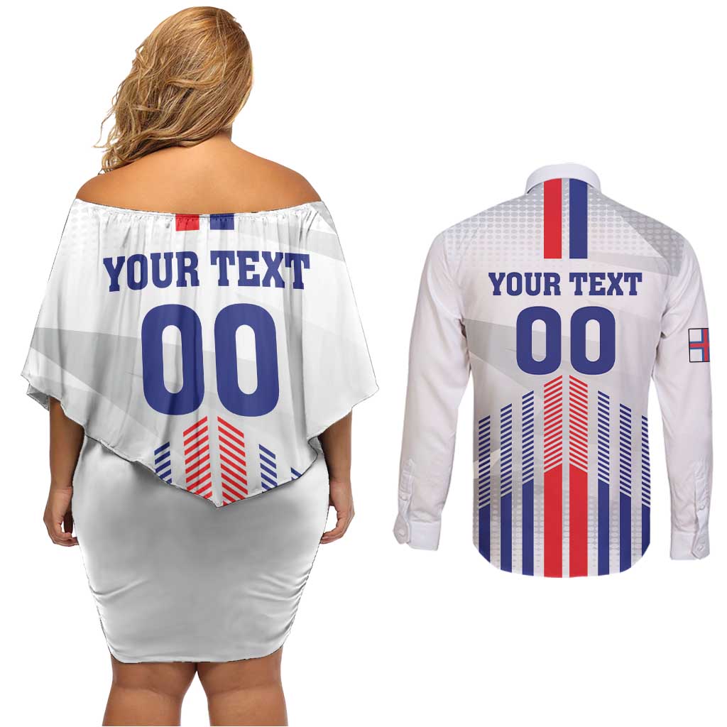 Custom Faroe Islands Football Couples Matching Off Shoulder Short Dress and Long Sleeve Button Shirt Go Champion White Version