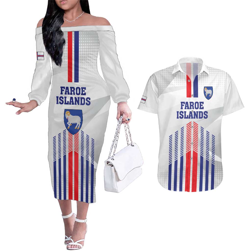 Custom Faroe Islands Football Couples Matching Off The Shoulder Long Sleeve Dress and Hawaiian Shirt Go Champion White Version
