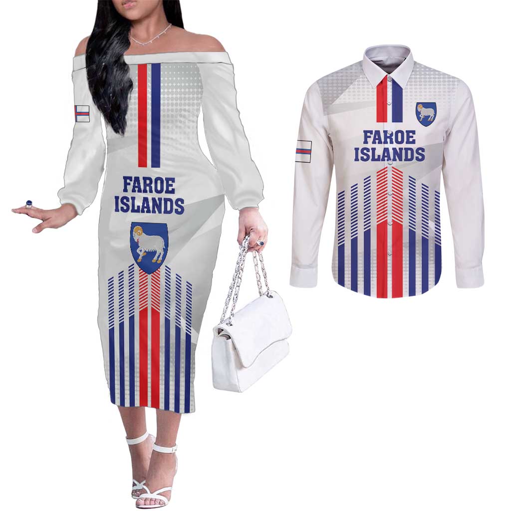 Custom Faroe Islands Football Couples Matching Off The Shoulder Long Sleeve Dress and Long Sleeve Button Shirt Go Champion White Version