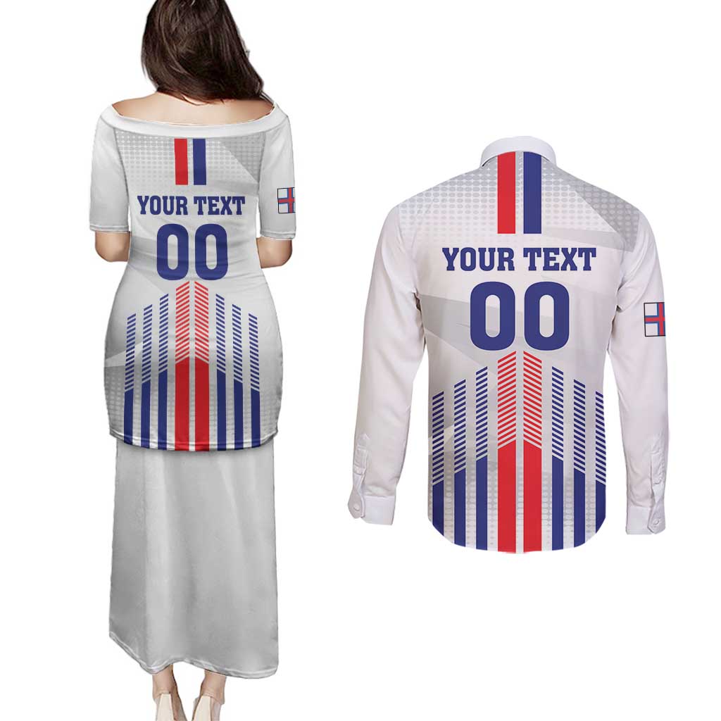 Custom Faroe Islands Football Couples Matching Puletasi and Long Sleeve Button Shirt Go Champion White Version