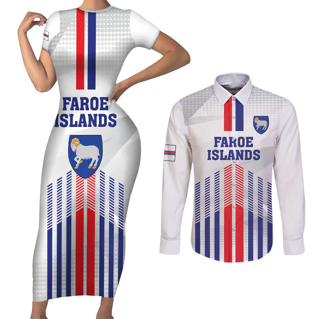 Custom Faroe Islands Football Couples Matching Short Sleeve Bodycon Dress and Long Sleeve Button Shirt Go Champion White Version