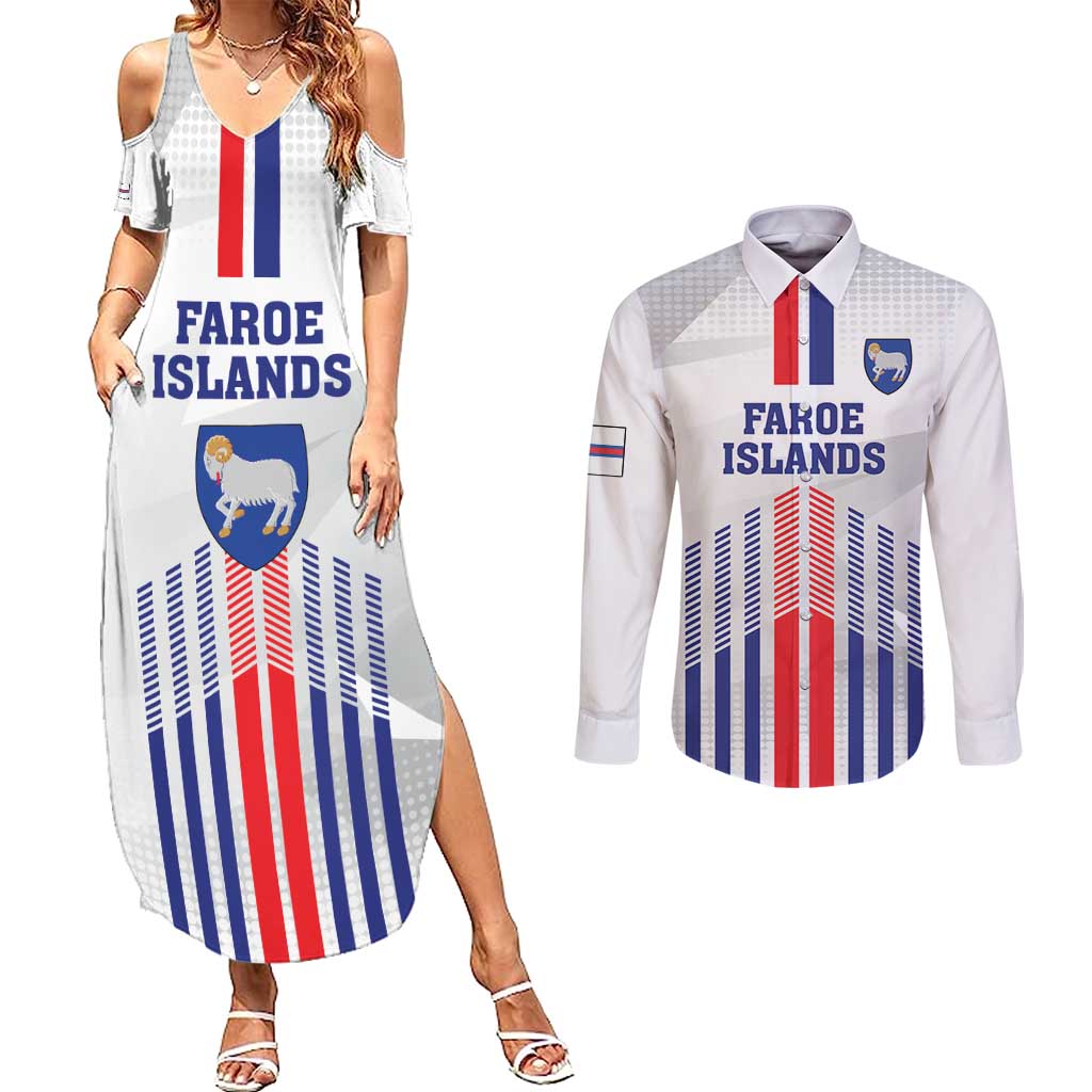 Custom Faroe Islands Football Couples Matching Summer Maxi Dress and Long Sleeve Button Shirt Go Champion White Version