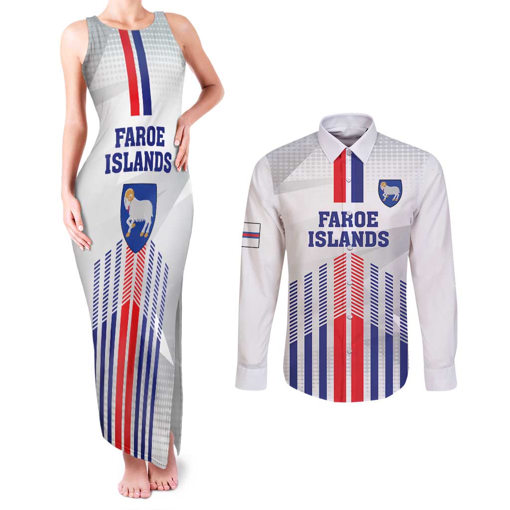 Custom Faroe Islands Football Couples Matching Tank Maxi Dress and Long Sleeve Button Shirt Go Champion White Version