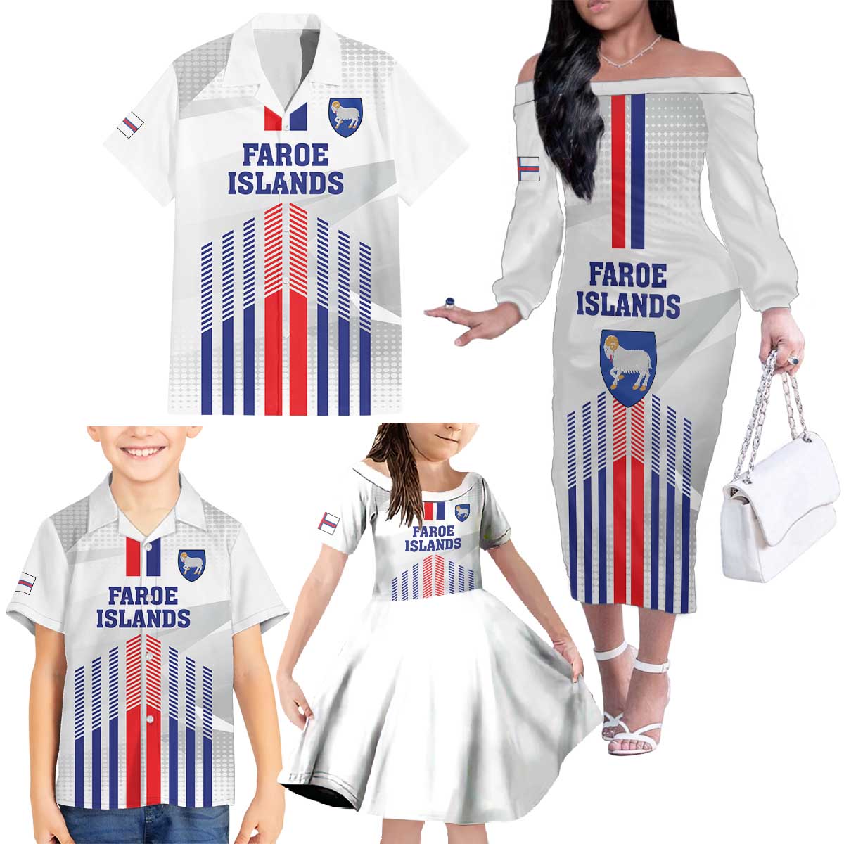 Custom Faroe Islands Football Family Matching Off The Shoulder Long Sleeve Dress and Hawaiian Shirt Go Champion White Version