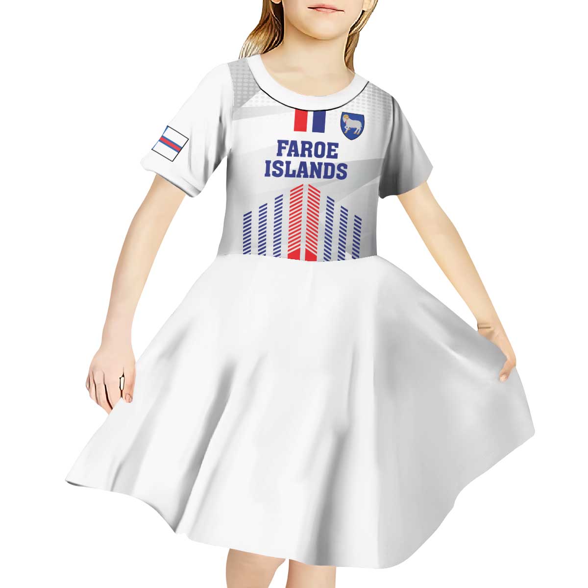 Custom Faroe Islands Football Kid Short Sleeve Dress Go Champion White Version
