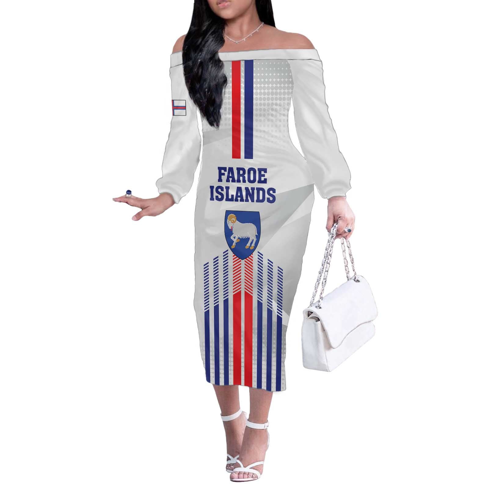 Custom Faroe Islands Football Off The Shoulder Long Sleeve Dress Go Champion White Version
