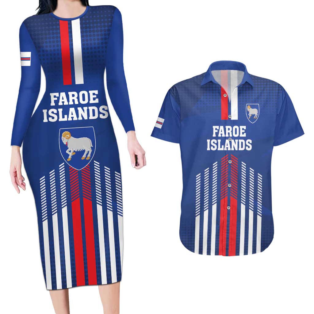 Custom Faroe Islands Football Couples Matching Long Sleeve Bodycon Dress and Hawaiian Shirt Go Champion Blue Version